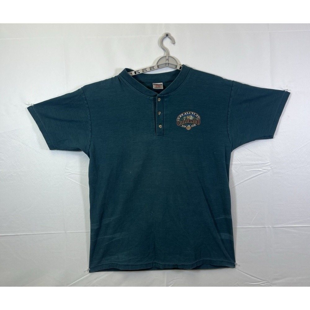 Vtg Oneita Mens XL Colorado Henley T-Shirt Teal Blue 90s Cotton USA Made